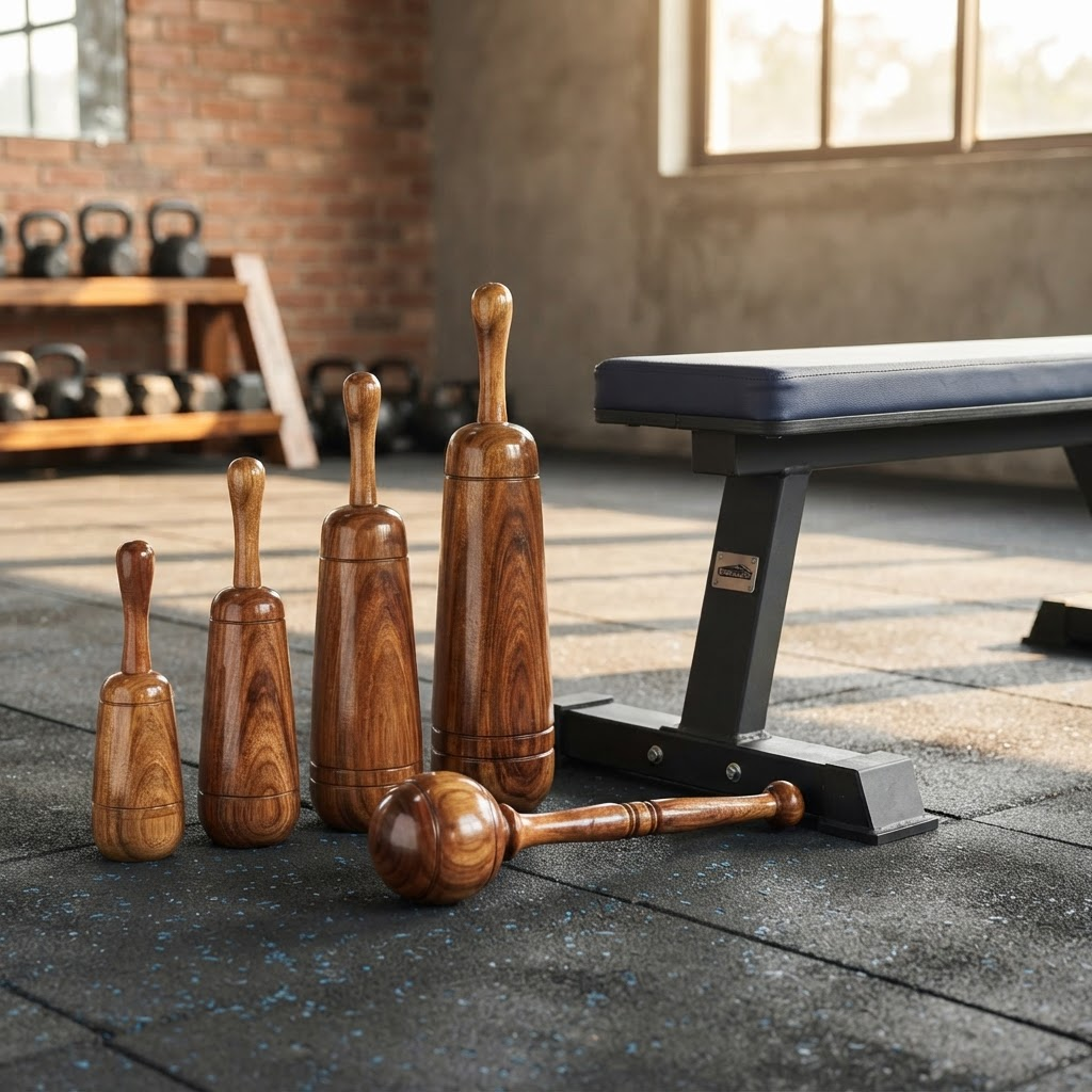 Handcrafted wooden clubbells and mace beside a modern gym bench